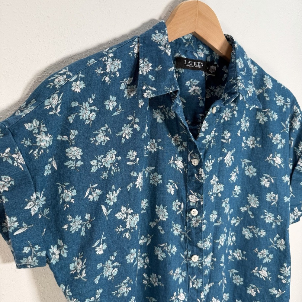 Ralph Lauren Shirt 100% Linen Womens Sz M Dark Teal Floral Short Sleeve Classic - Picture 1 of 7